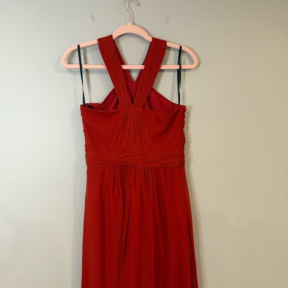 Bebe bright red flowy maxi dress with unique halter top and gathered waist - Picture 8 of 11